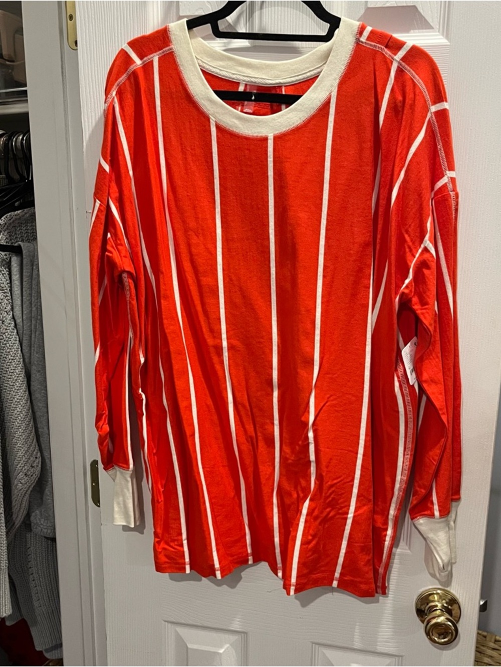 Free People Red and White Vertical Stripe Long Sleeve Top